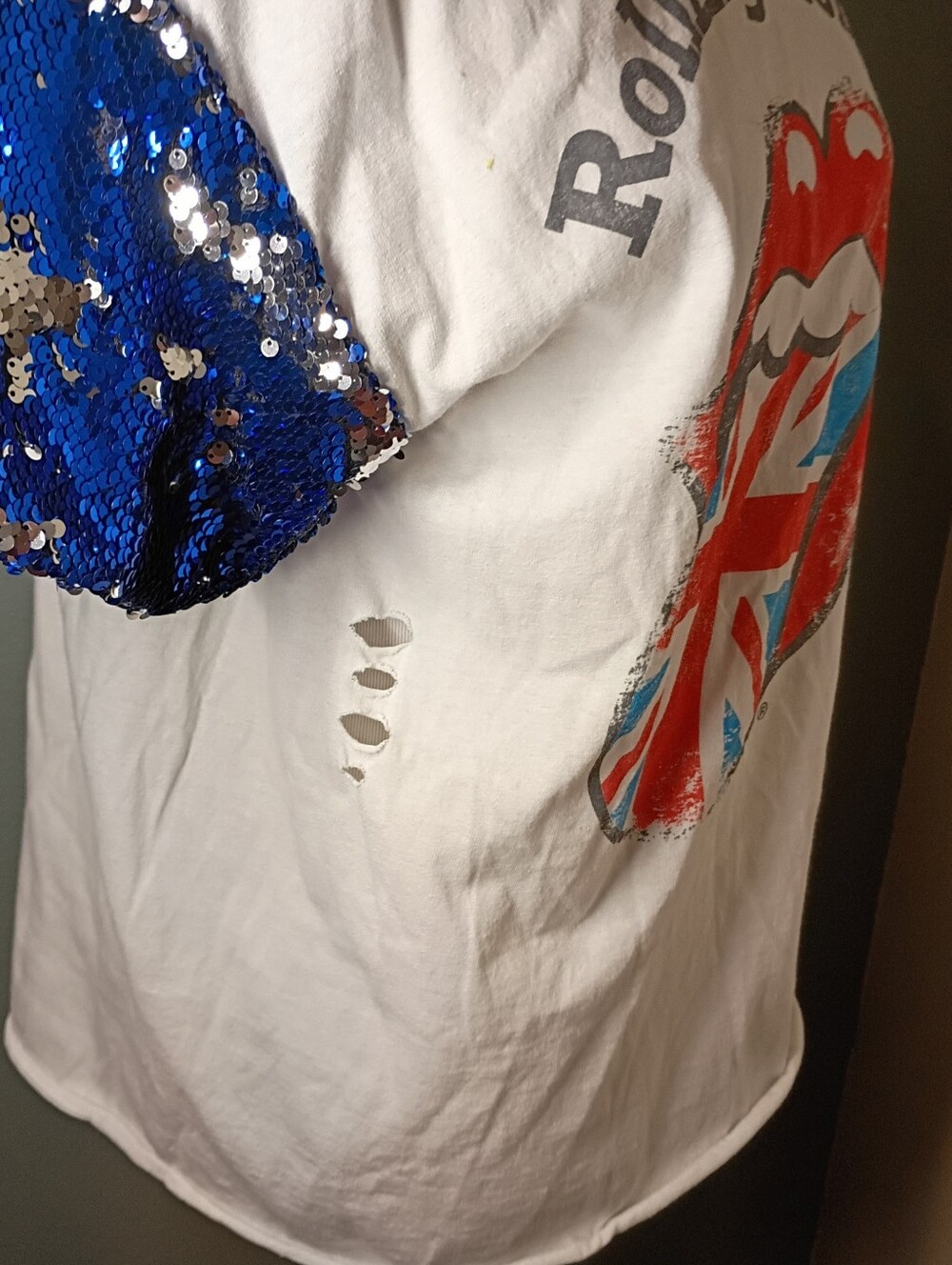 Sojara Rolling Stones Sequined British Flag Tongue T-Shirt Lg - Picture 4 of 6